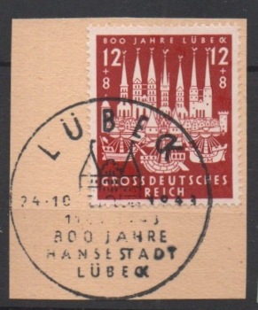 Michel Nr. 862, Hansestadt Lübeck auf Briefstück mit Ersttagsstempel.